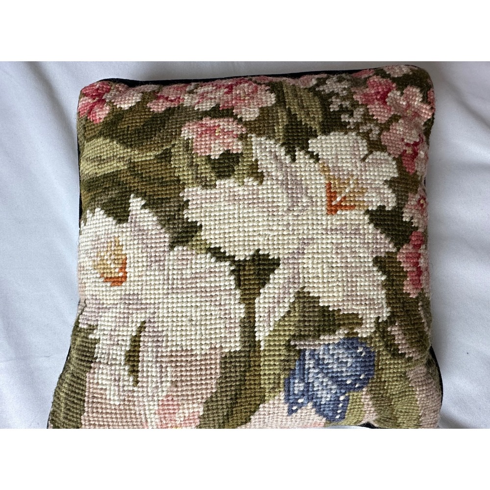 Vintage Style Floral Needlepoint Throw Pillow Lily Butterfly Black Velvet Back